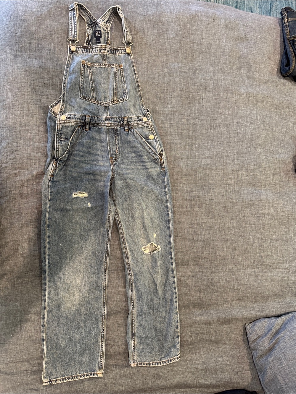 GAP Men's Light Blue Distressed Denim Overalls